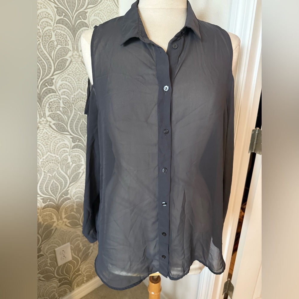 Grey cold shoulder chiffon button down shirt